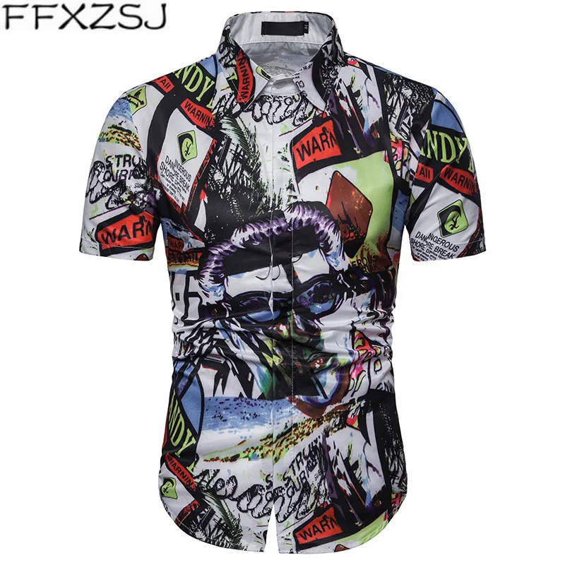 

Personality Character Print Shirt Men Casual Camisa Masculina 2019 Brand New Slim Fit Short Sleeve Shirt Men Hip Hop Shirts Male