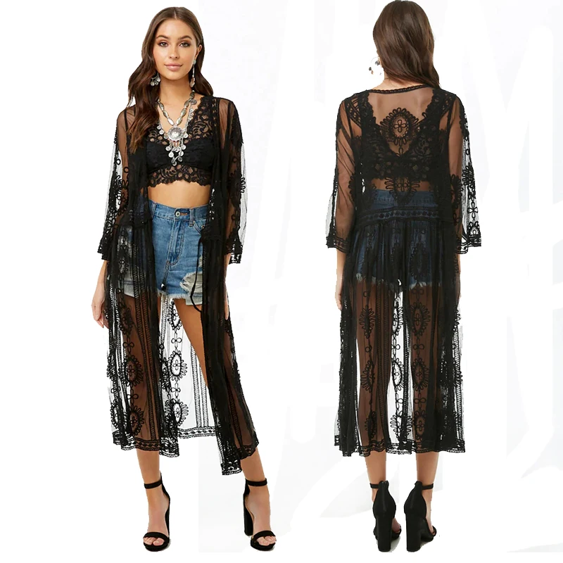 Женское кружевное шифоновое кимоно Skinfullysweet открытое пляжное с длинным рукавом