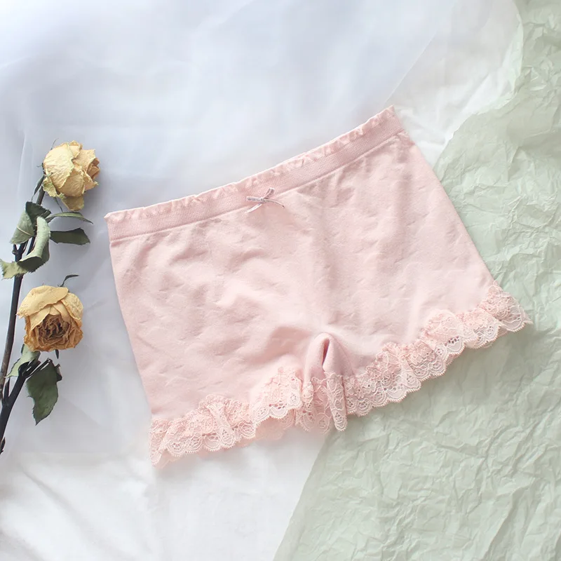 pink SP& CITY, кружевные милые бесшовные безопасные Короткие штаны для женщин, высокая талия, хлопок, сексуальное нижнее белье для девочек, бант, однотонная Мягкая тонкая юбка, безопасные трусы - Цвет: pink
