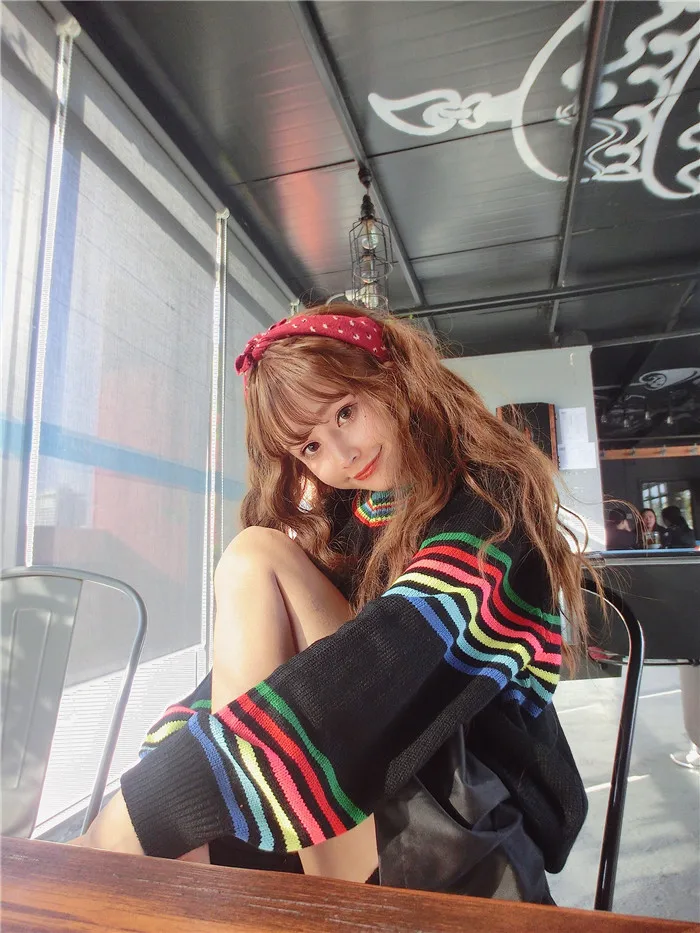 Winter Women's Clothing Lovely Sweet Rainbow Stripes Long Loose Sleeve Sweater Women Harajuku Pullovers | Женская одежда