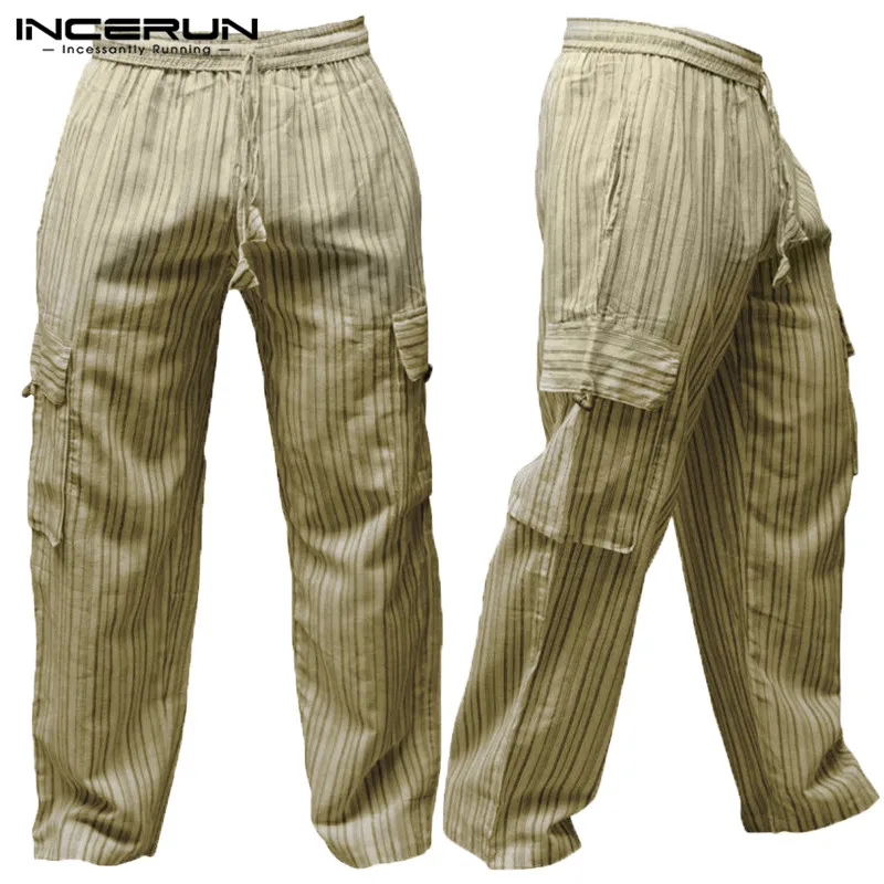 INCERUN, полосатые, 5XL, широкие, для мужчин, повседневные штаны, хлопок, свободные, для фитнеса, мешковатые, брюки-карго, с несколькими карманами, для бега, для отдыха