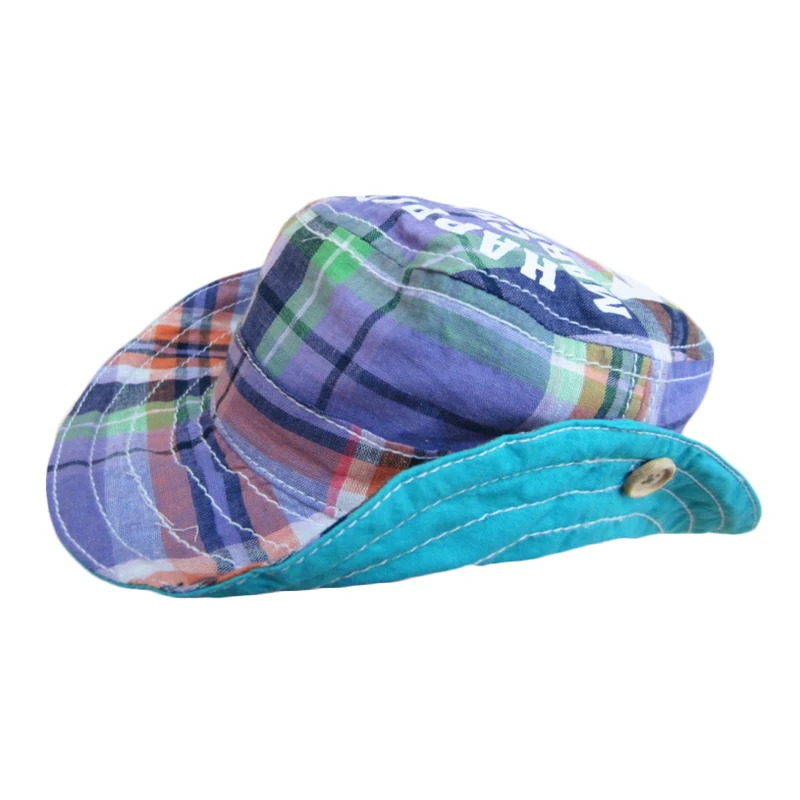 plaid blue Двусторонняя уличная детская Солнцезащитная шляпа, клетчатая детская пляжная шляпа, летняя ковбойская Панама для мальчиков и девочек - Цвет: plaid blue