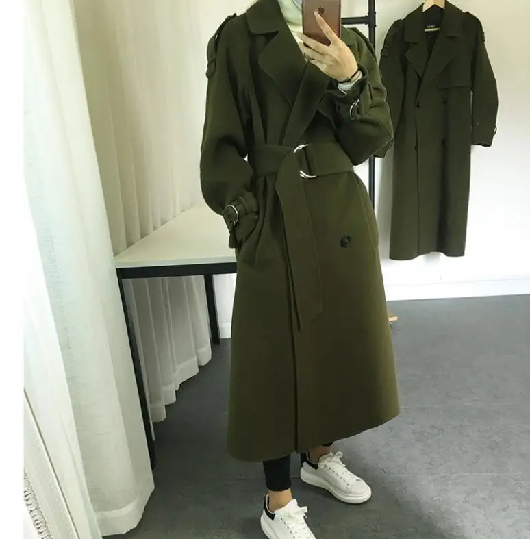 Женский длинный шерстяной Тренч двубортный армейского зеленого цвета верхняя