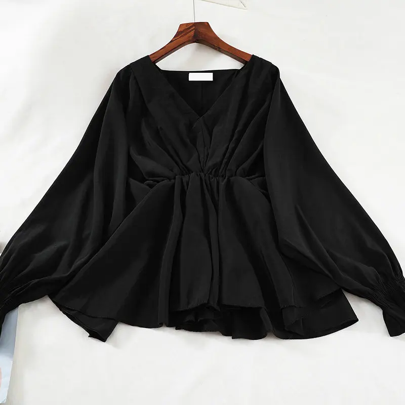 Women Shirt Элегантные Женские базовые плиссированные рубашки с глубоким v-образным вырезом и рукавом летучая мышь, повседневный эластичный тонкий пуловер с высокой талией, блузка с оборками, топы - Цвет: Women Shirt