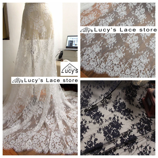 Lucy Lace Boutique 150x300 см/шт. Хорошее качество свадебное платье кружевная ткань с белыми и черными цветами ресницы кружева шантильи