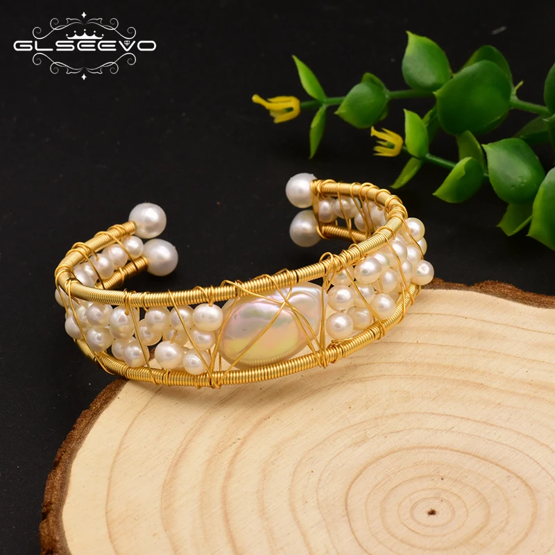 

GLSEEVO Original Design Natural Fresh Water Baroque Pearl Open Bangle For Women Wedding Luxury Jewelry Pulseras Mujer GB0115
