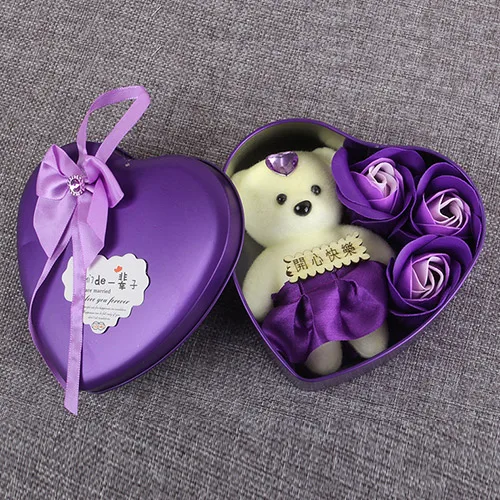 purple 3flower1bear Букет невесты Мода Высокое качество PU искусственный цветок 3/4/6 шт. розы медведь цветок мыла подарочной коробке на День святого Валентина, подарок на День Матери Свадебные год подарок для жены - Цвет: purple 3flower1bear