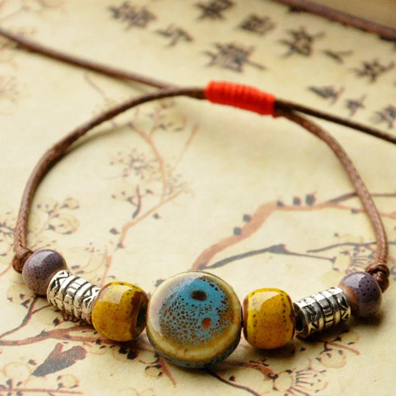 Плетеные браслеты из веревки с керамическими бусинами | Украшения и аксессуары
