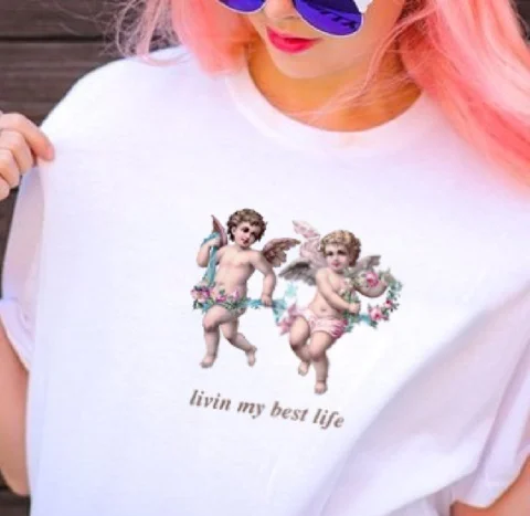 Kuakuayu HJN Livin лучшая жизнь милый ангел поцелуй живопись женщины Tumblr Мода Милая футболка Летняя повседневная с короткими рукавами, с принтом Футболка