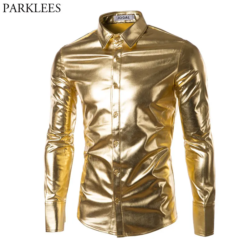 Camisa de manga larga con botones para hombre, camisa de vestir ajustada con revestimiento dorado brillante, metálico, para Club nocturno, fiesta Disco