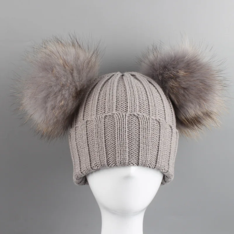 Детская акрил Skullies шапочки енота Мех животных pom Шапки зима ребенок натуральная