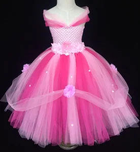 Красивое розовое платье принцессы для девочек, детское пушистое вязаное платье-пачка, бальное платье с цветочной повязкой на голову, Детские свадебные платья