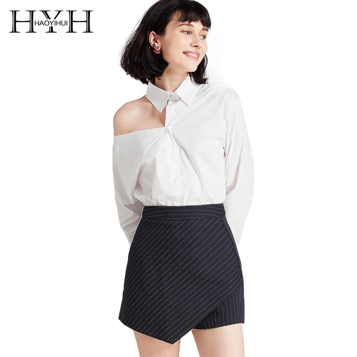 Рубашка HYH HAOYIHUI женская белая/черная с отложным воротником|turn-down collar|black women shirtfashion