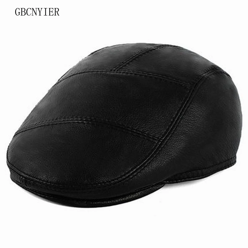 GBCNYIER Fashion Men Casual Spring Berets Outdoor Keep Warm Winter Leather Hat Old Man Real Beret Sheepskin | Аксессуары для
