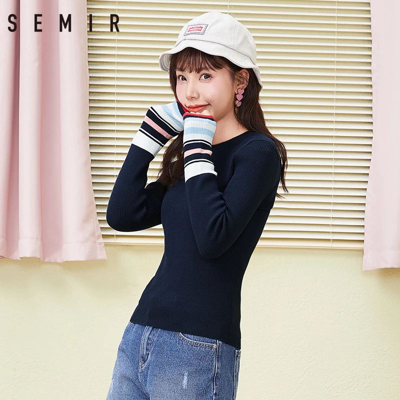 SEMIR women sweater 2018 spring New slim Knitwear cotton woman stripe unlined upper garment Round collar trend Sweaters | Женская одежда