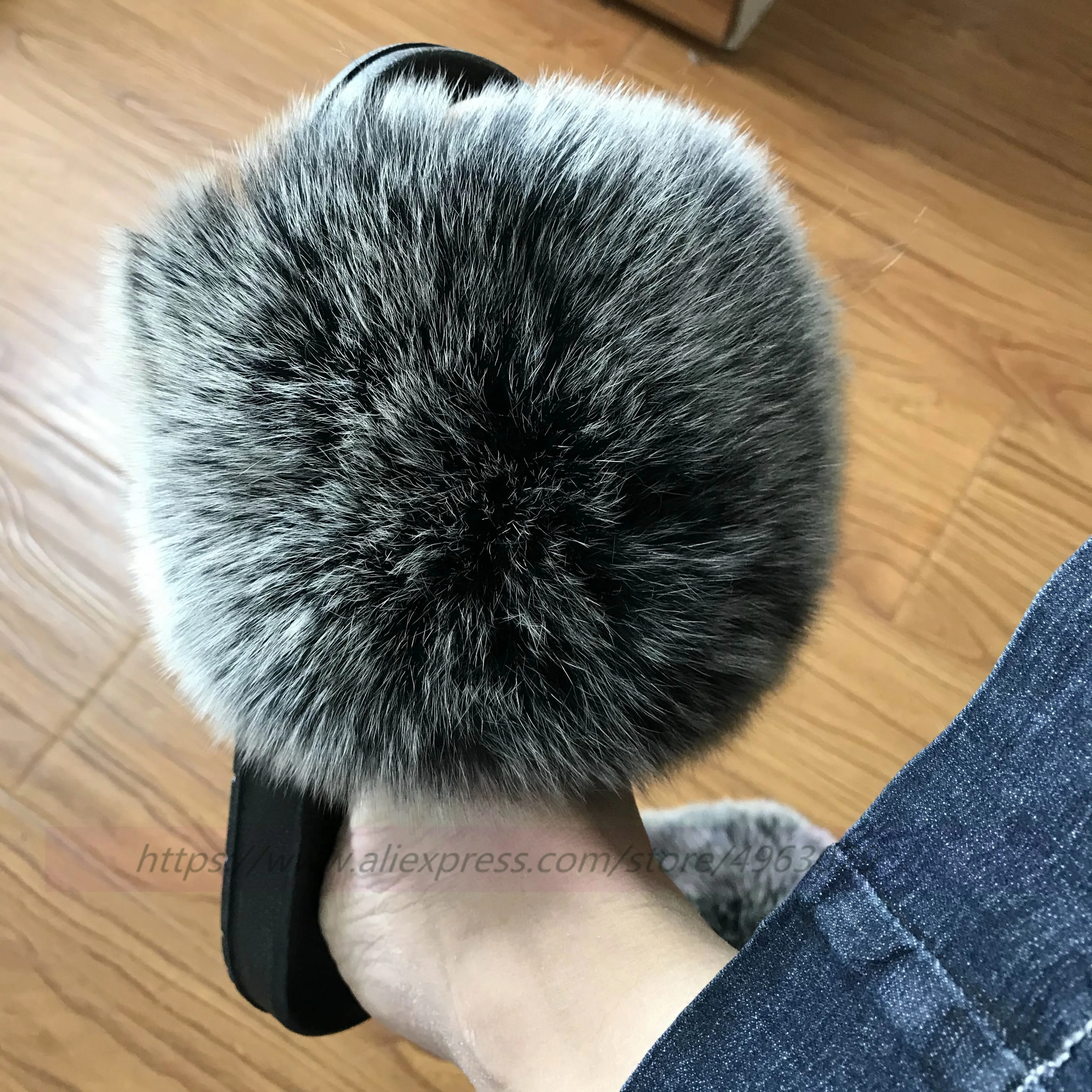 FunFur Max/большой размер XXL Шлепанцы из натурального меха лисы черного цвета Женские