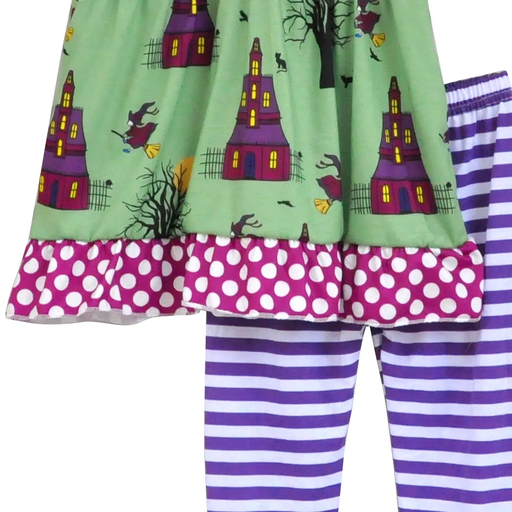 Высокое качество Комплект пижамы для детей на Хэллоуин в полоску топ с рюшами и