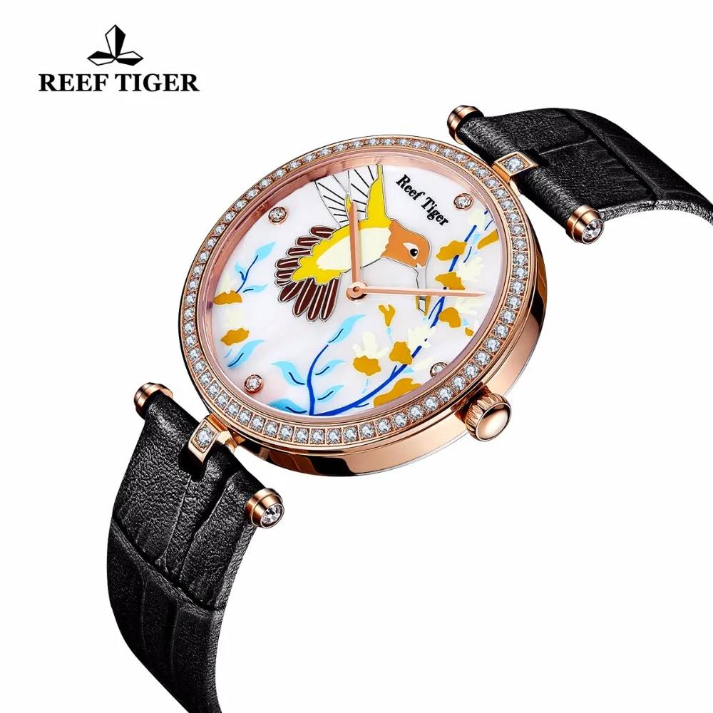 Женские часы Reef Tiger/RT кварцевые с кожаным ремешком и бриллиантами аналоговые