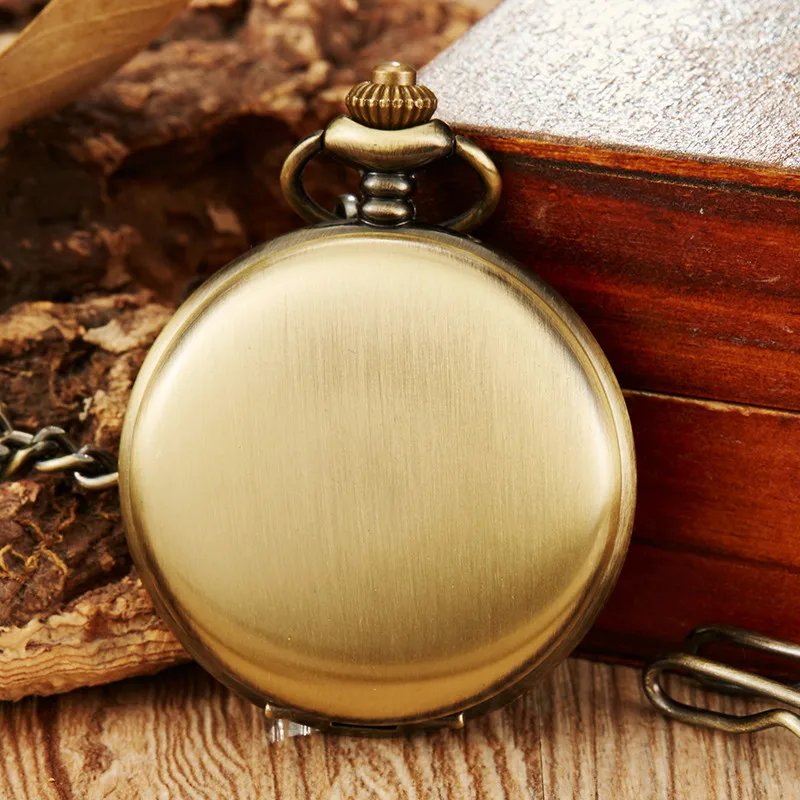 

Unique Bronze Smooth Double Sided Mechanical Pocket Watch Men Women FOB Chain Retro Skeleton Dial Clock Pocket Watch relogio Box