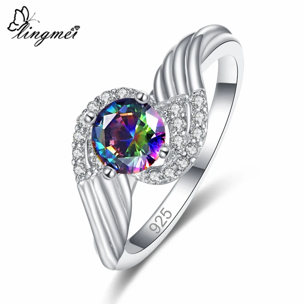 

Lingmei New Comes Fashion Luxury Round Rainbow & White & Black Cubic Zircon Silver Color Ring Size 6-9 Women Jewelry Gifts