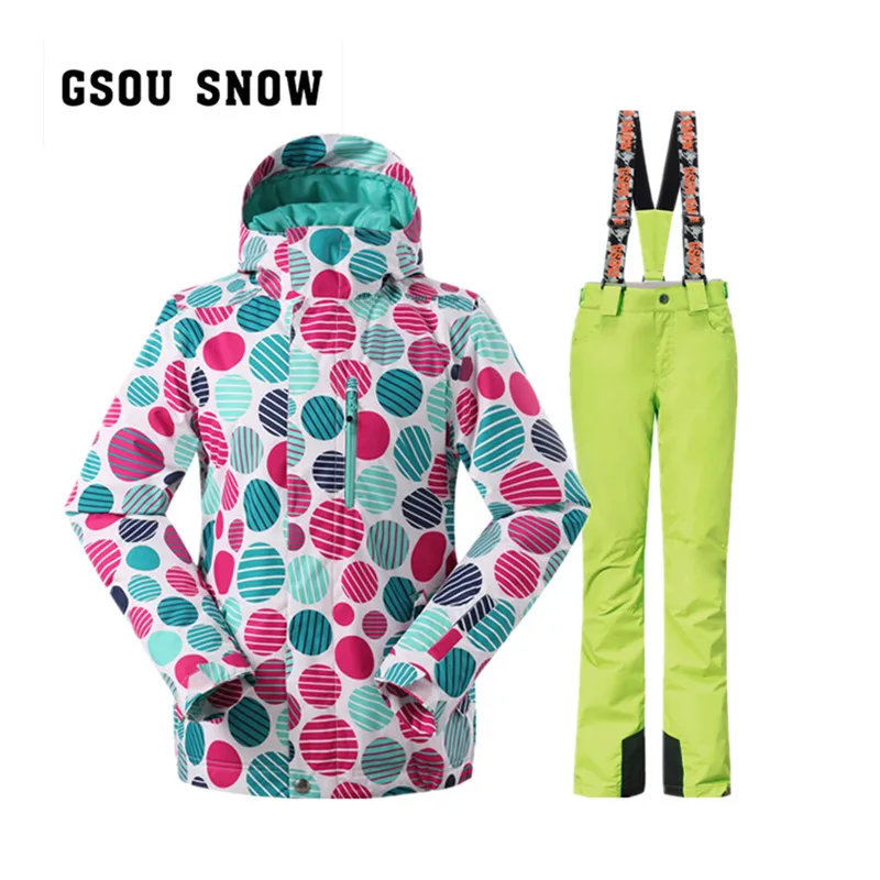 with green pant GSOU SNOW зимние горнолыжные костюмы женские, недорогая женская горнолыжная куртка, красивая женская сноубордическая куртка, Женская горнолыжная одежда, женские горнолыжные костюмы - Цвет: with green pant