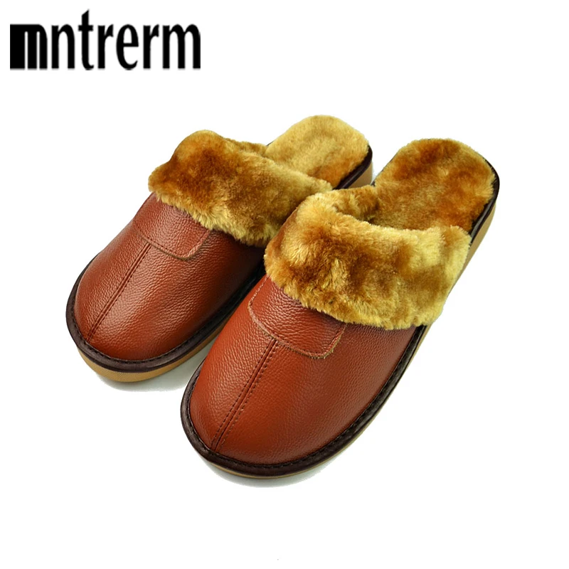 Mntrerm 2021 Keep Warm Slippers Waterproof Men Winter Couple With Thick Bottom Home Sofa Gemuine Leather Slippers With Plush