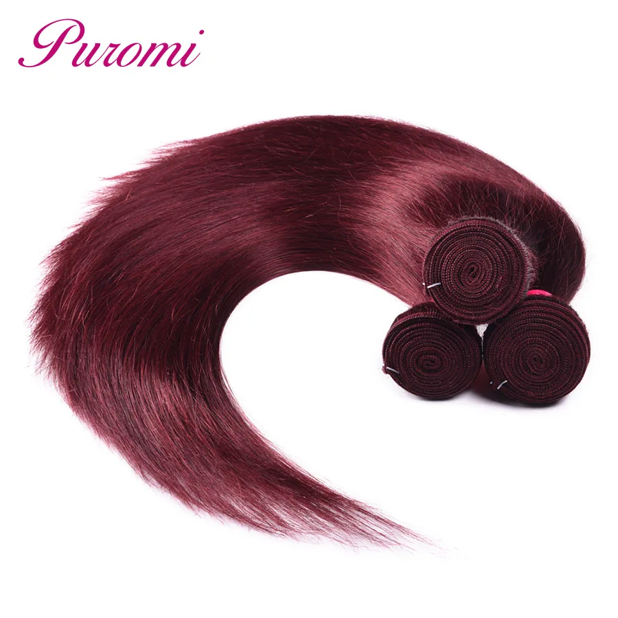 Puromi Malaysian Straight Hair 3 Bundles Double Weft Wine Red Pure Color 99j# Non-Remy 100% Human Weave Free Shipping | Шиньоны и