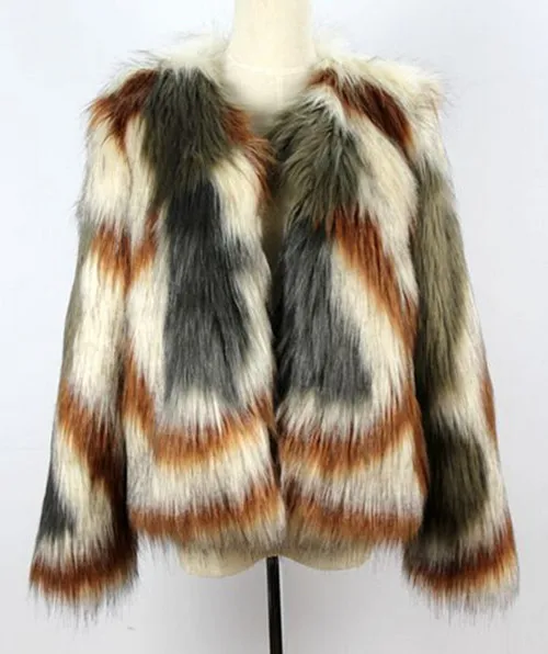 Контрастная цветная длинная мохнатая шуба из искусственного лисьего меха зимняя