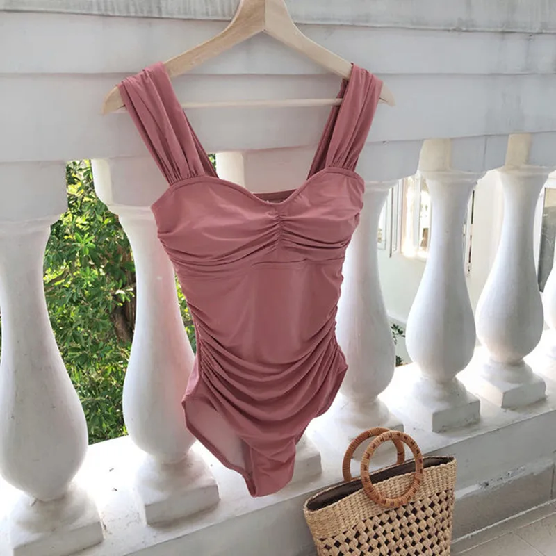 Korea Vintage Baby Pink Shirred Ruched One Piece Swimsuit Sexy Tummy Control Push Up Swimwear Women Monokini Bathing Suits