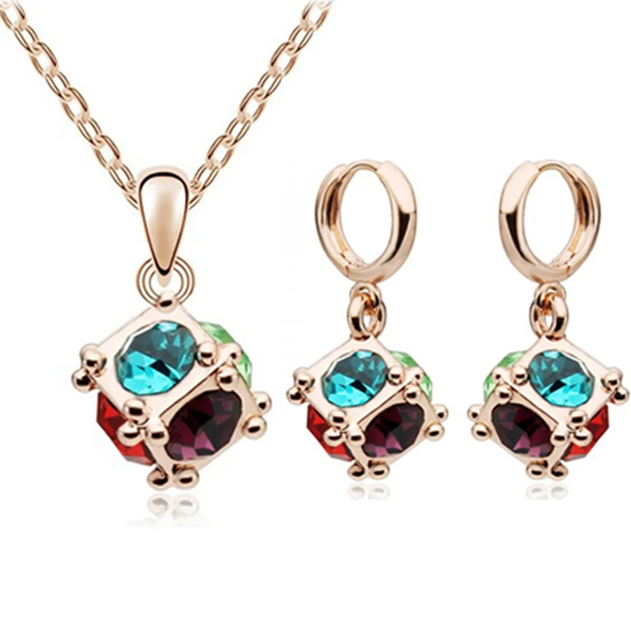 

Multiple Color Crystal Square Ball Pendant Necklace Earring Jewelry Set