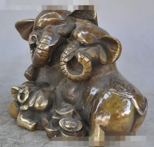 

S01339 chinese bronze fengshui animal Elephants Baby wealth yuanbao money family statue