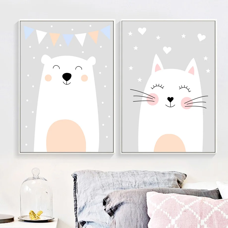 Смайлик медведь кошка Картина на холсте скандинавские постеры и принты