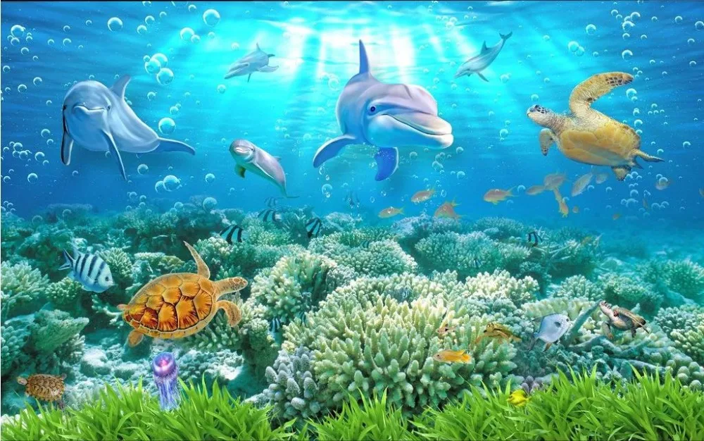 3d обои для комнаты подводный мир Дельфин 3D фон морские черепахи фото |