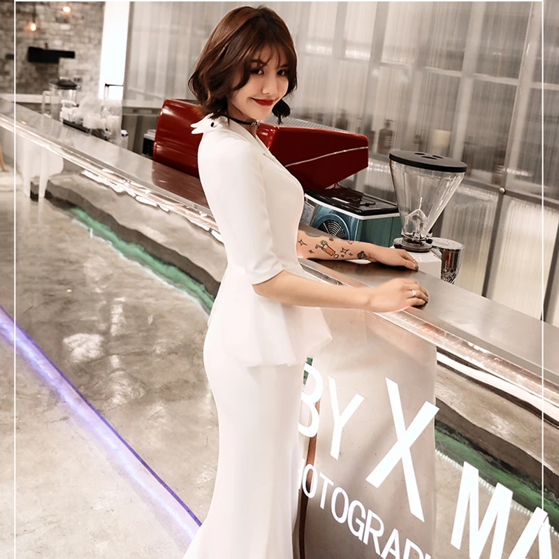 Белое вечернее платье длинное с баской и разрезом в стиле Русалочки Ol TS924