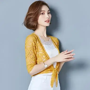 Carol diaries кружевное женское летнее модное повседневное офисное пляжное пальто с короткими рукавами, короткий небольшой кружевной кардиган с шалью - Цвет: Yellow