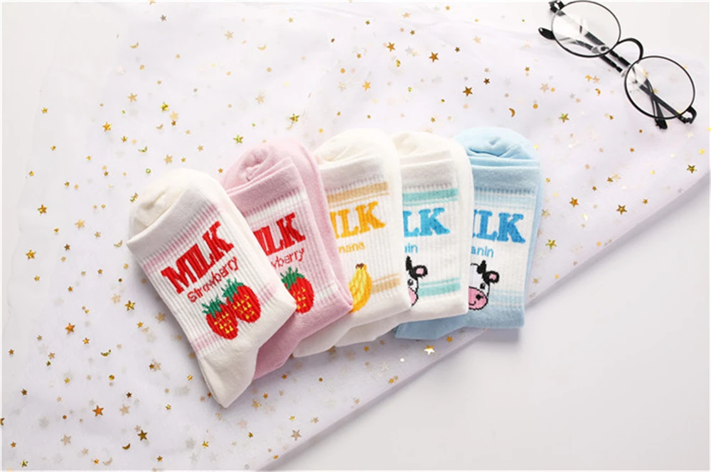 Новые женские носки без пятки ulzzang, молоко, клубника, банан, корова, соккен, для девочек, Осень-зима, рисунок с фруктами, молоко, теплые удобные хлопковые носки