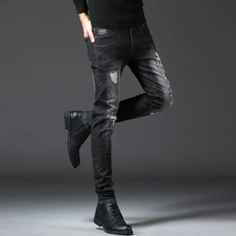 Дракон вышивка джинсы Для мужчин байкерские Slim Fit молнии Узкие потертые мужской