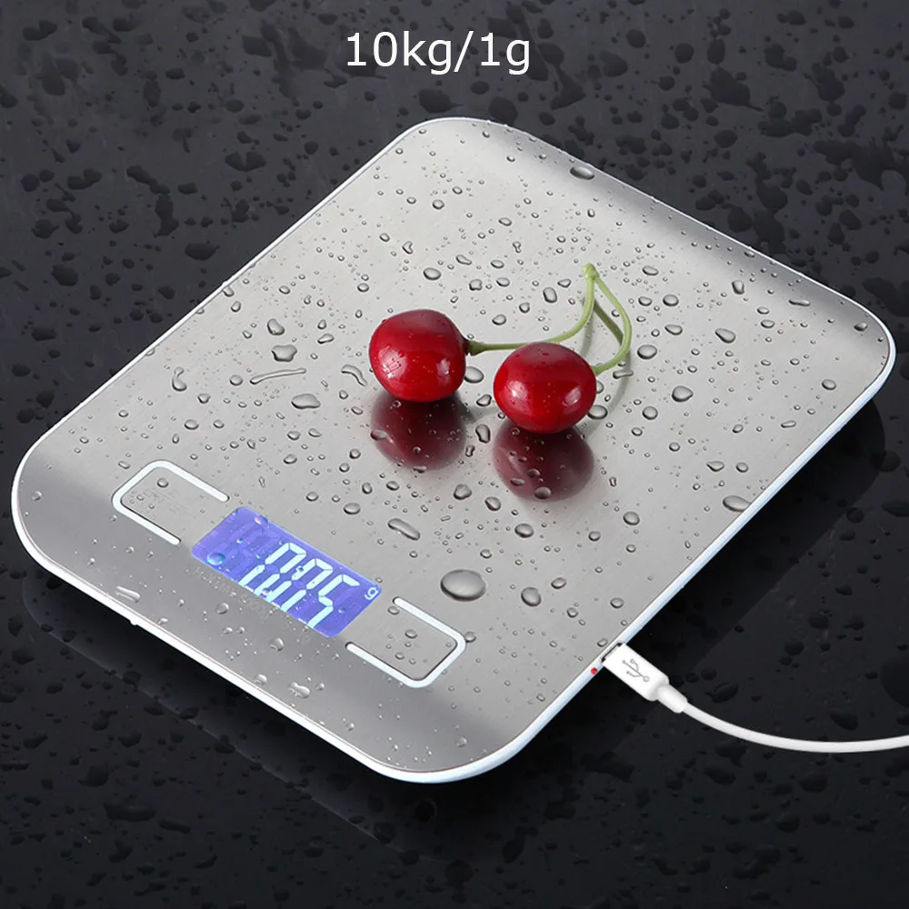 silver10kg Цифровые кухонные весы с зарядкой от USB, с ЖК-подсветкой, 5 кг/10 кг, 1 г, электронные весы для приготовления пищи, точные весы - Цвет: silver10kg