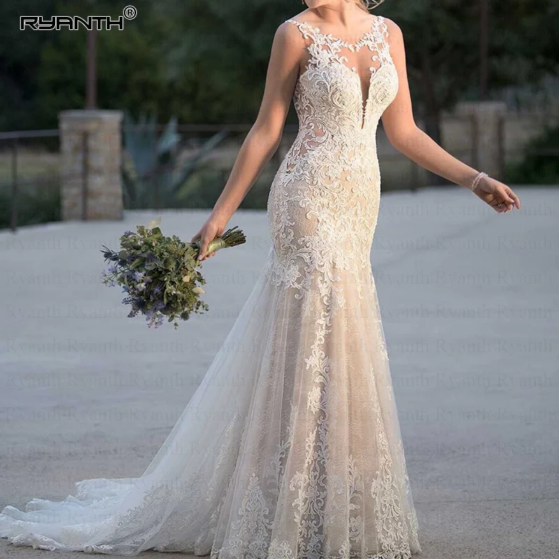 Vestido De Noiva Scoop Lace Mermaid Wedding Dresses Backless Applique Weding Gowns Hot Sale Bridal Gown Robe Mariee | Свадьбы и