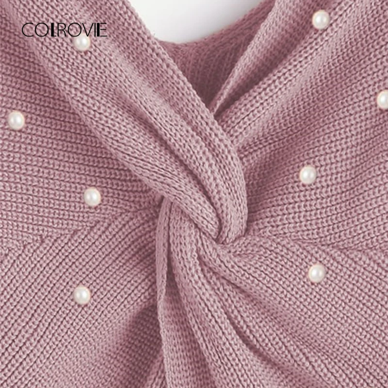 COLROVIE, розовый вязаный свитер с v-образным вырезом, скрученными бусинами и жемчужинами, женская одежда, осень, пуловер бесконечности, джемпер, женские свитера