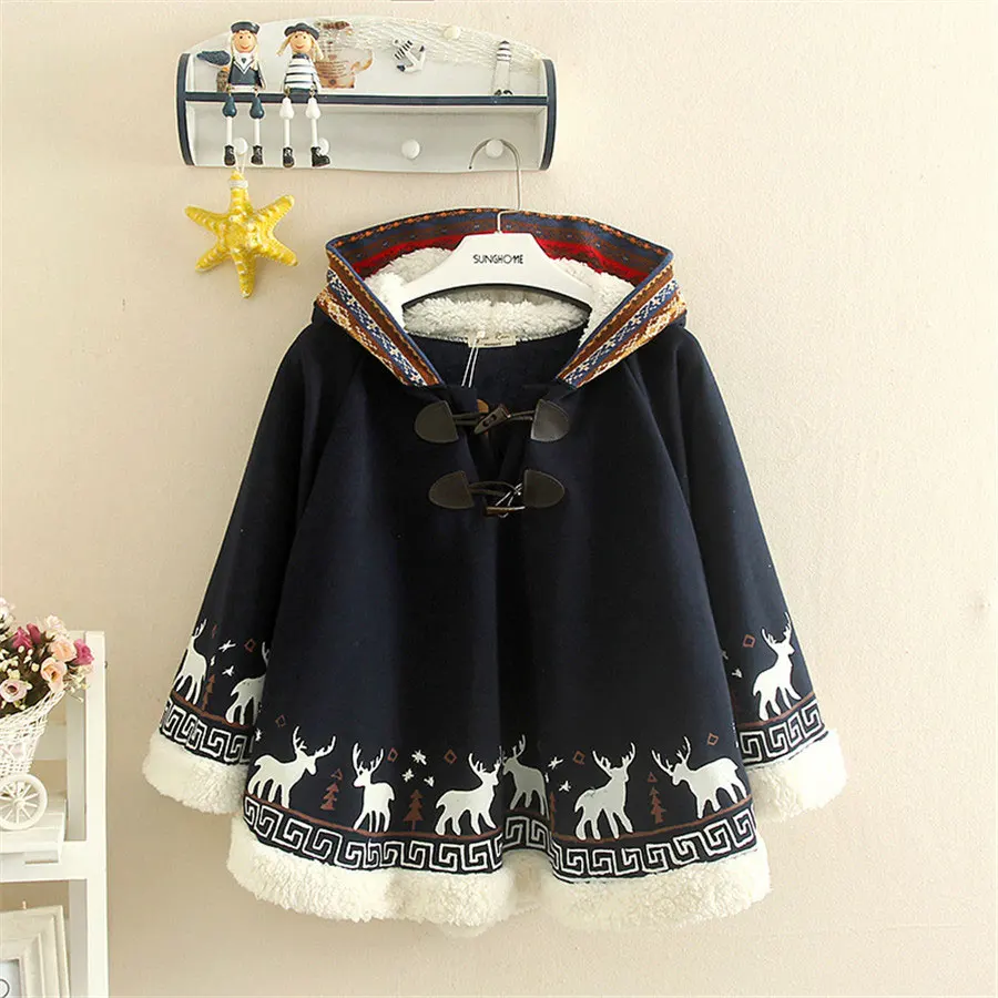 thick navy blue Японский плащ-накидка с капюшоном для девочек; сезон зима-весна; короткий бархатный стеганый плащ с оленем; пальто-пончо с капюшоном для школьников - Цвет: thick navy blue