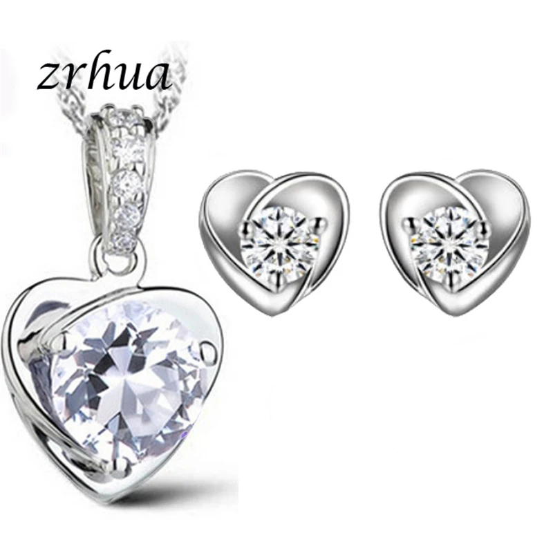 ZRHUA 925 пробы серебряные Свадебные Ювелирные наборы для свадебной вечеринки блестящая циркониевая Подвеска со стразами фианит серьги ожерелья Лидер продаж