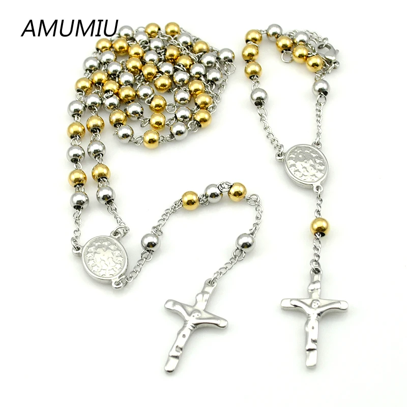 AMUMIU Модные 8 мм Ожерелье Браслет наборы золотого цвета из нержавеющей стали четки