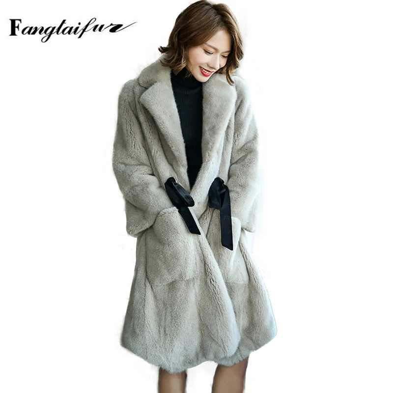 

Ftangaiur Winter Women Import Velvet Mink Fur Coat Turn-Down Collar Adjustable Waist Mink Coats X-Long Real Mink Fur Coats