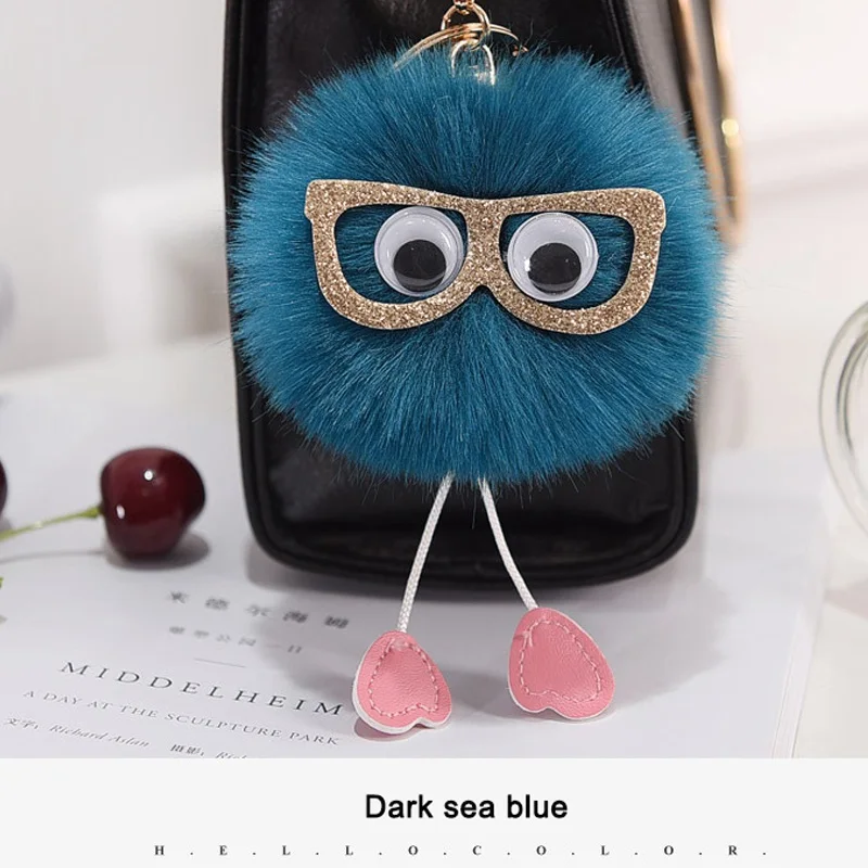 Dark sea blue Женский пушистый меховой брелок с кисточкой для сумки kawaii очки брелок для ключей с животным искусственным кроличьим мехом помпон автомобильный брелок - Цвет: Dark sea blue