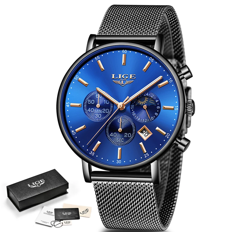 LIGE модные для мужчин часы мужской лучший бренд класса люкс кварцевые