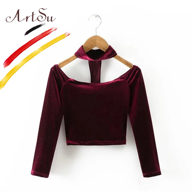 

ArtSu Sexy Off Shoulder Velour Women T-shirt Choker Tops Long Sleeve Bustier Crop Tops Women Slash Neck Tees 90's Tops ASTS20103