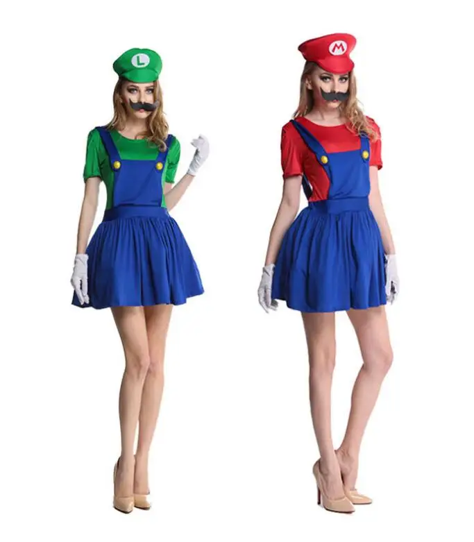 Хэллоуин Super Mario Luigi Bros костюм Для женщин сексуальное платье сантехника взрослый костюм Марио Косплэй костюм нарядное платье