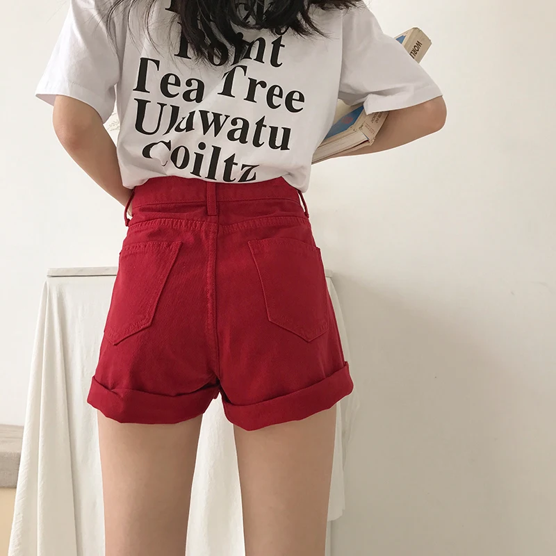 PLAMTEE одноцветное Цвет красный свернувшись Джинсовые шорты для Для женщин Мода 2018