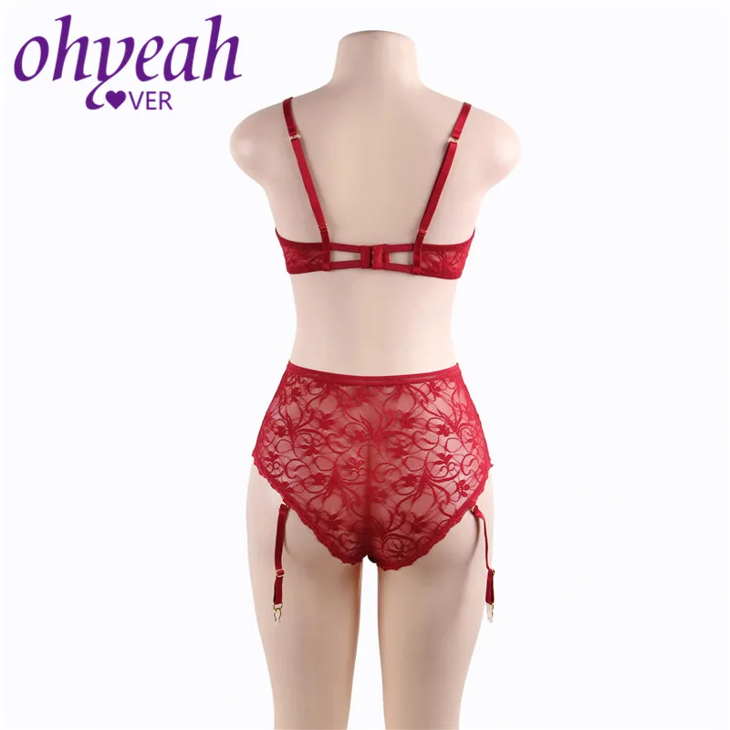 Ohyeahlover, сексуальное нижнее белье, кружевной комплект нижнего белья, сексуальный бюстгальтер, открытая грудь размера плюс трусики с подвязками, прозрачные трусики и бюстгальтеры, 5XL, RM80646